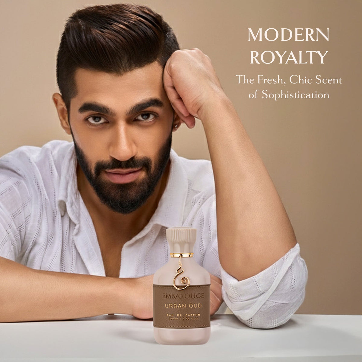 Man holding Embarouge Urban Oud Luxury perfume for him Eau De Parfum 100ml lifestyle image