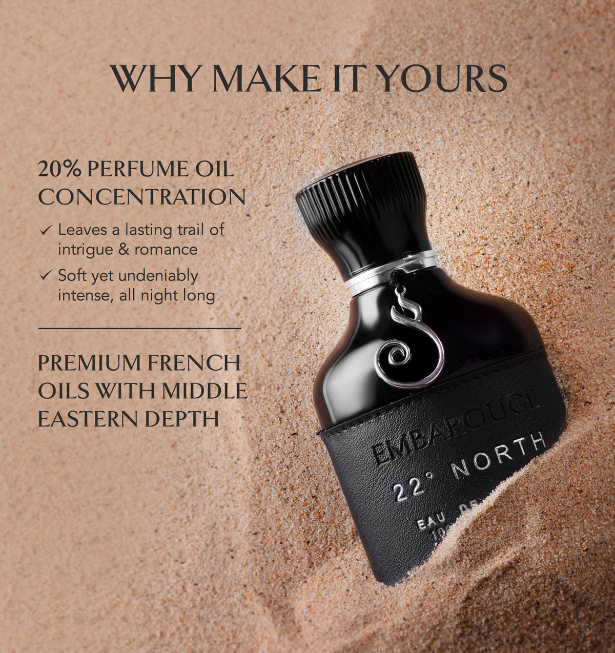 Embarouge 22 North Luxury perfume for him Eau De Parfum 100ml highlighting the 20% oil concentration for long lasting fragrance