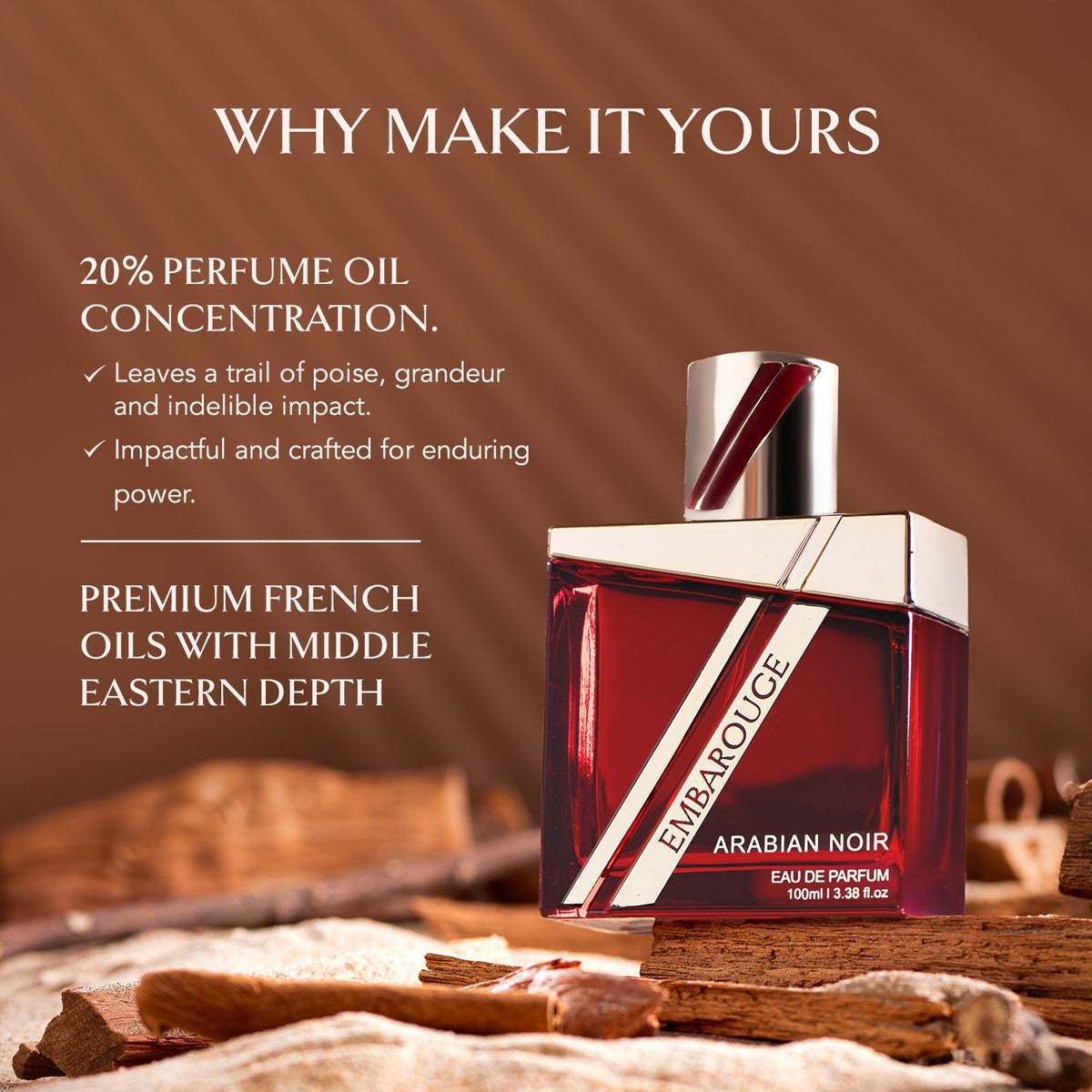 Embarouge Arabian Noir Luxury perfume for him Eau De Parfum 100ml highlighting the 20% oil concentration for long lasting fragrance