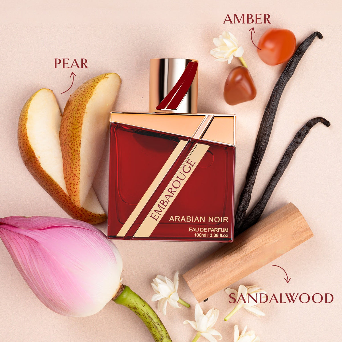 Embarouge Arabian Noir Luxury perfume for him with perfume notes mentioned such as pear, amber and sandalwood