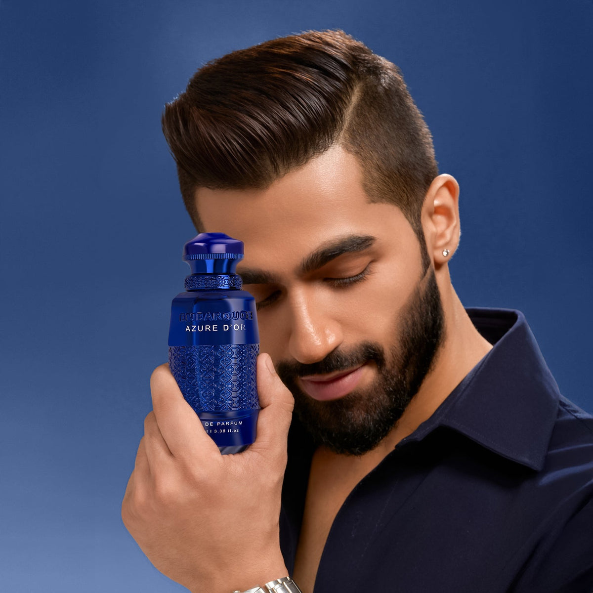 Embarouge Azure Dor Luxury perfume for him Eau De Parfum 100ml - showing it’s best for Evenings &amp; Date Nights lifestyle shoot