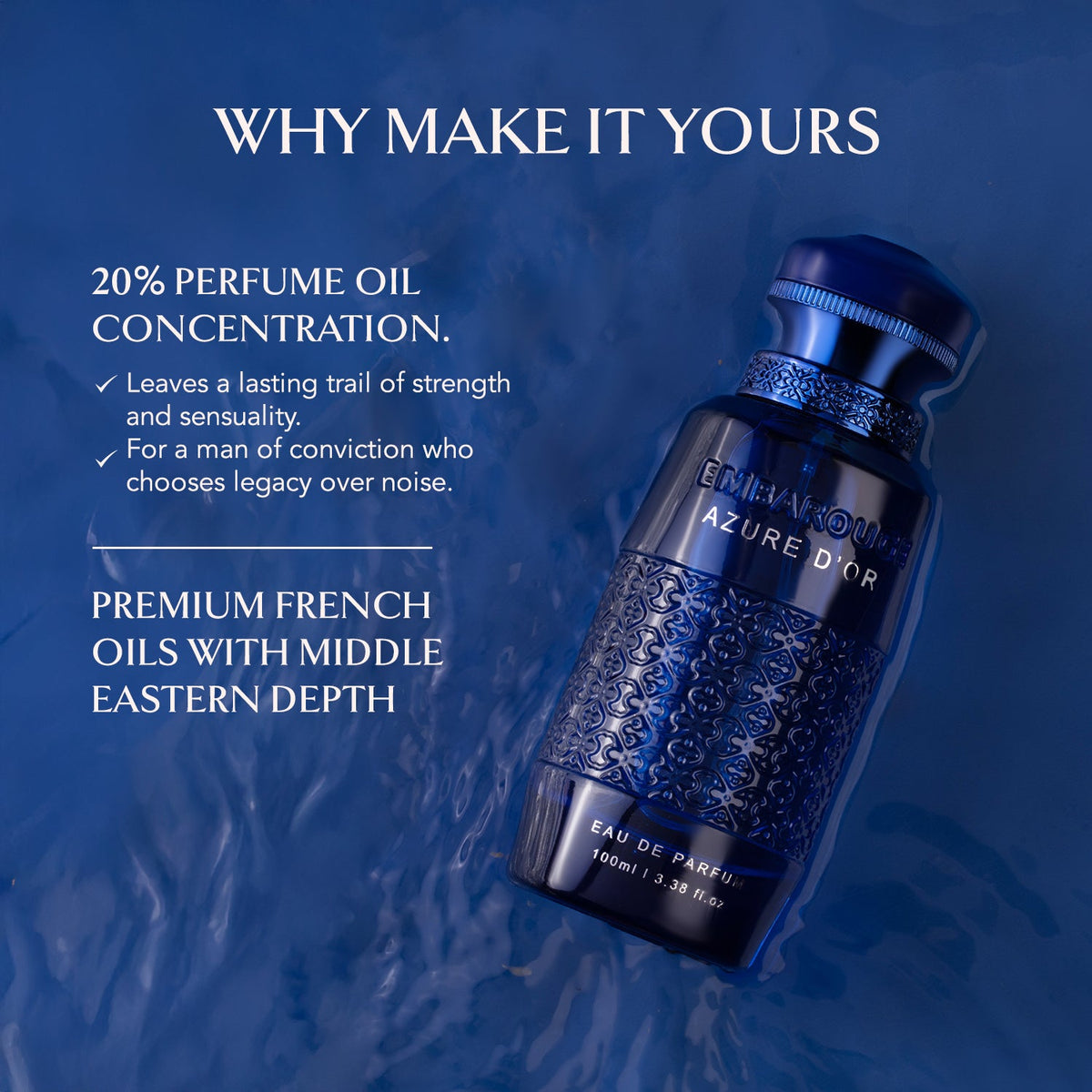 Embarouge Azure Dor Luxury perfume for him Eau De Parfum 100ml highlighting the 20% oil concentration for long lasting fragrance