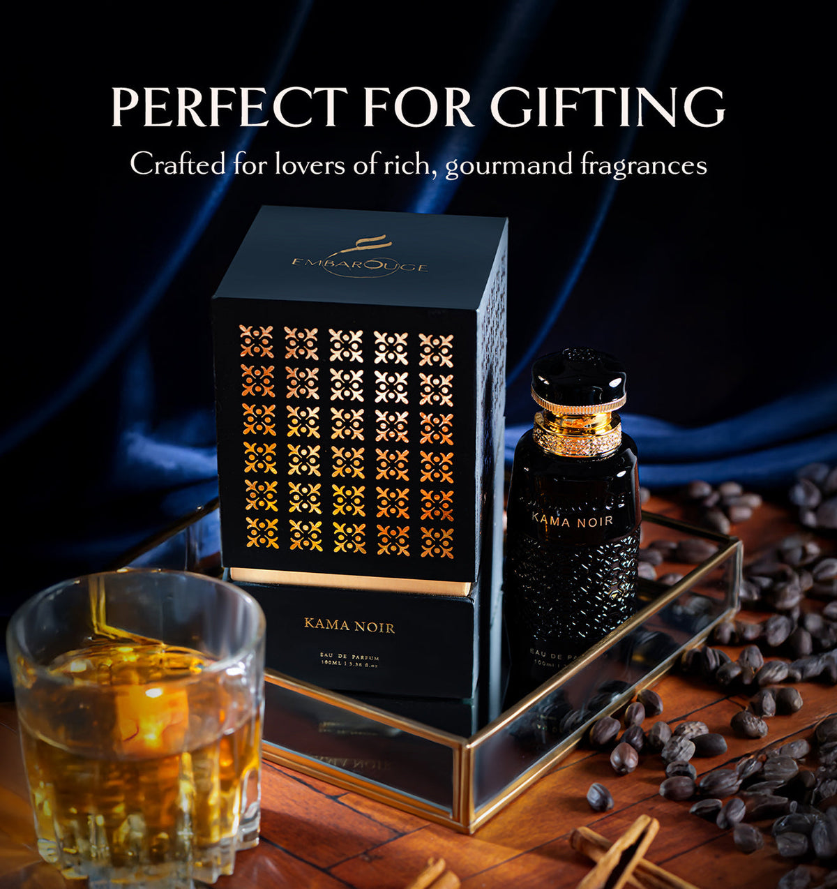 Embarouge Kama Noir Luxury perfume for him Eau De Parfum 100ml - Highlighting it’s Perfect for gifting and has a rich gourmand fragrance