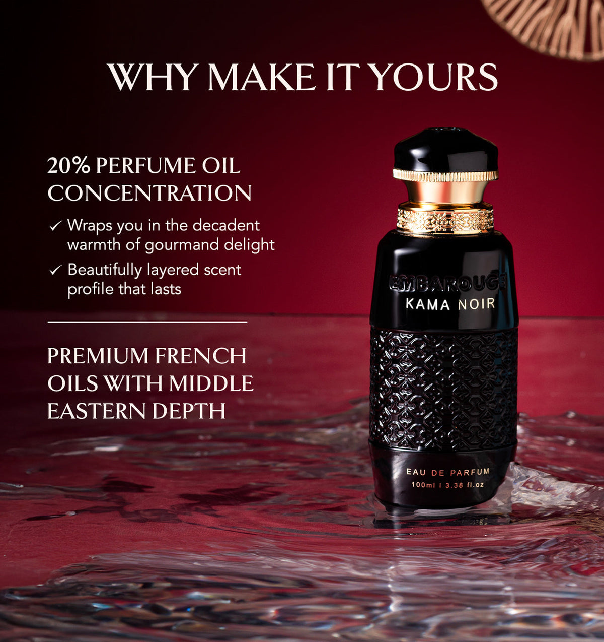 Embarouge Kama Noir Luxury perfume for him Eau De Parfum 100ml highlighting the 20% oil concentration for long lasting fragrance.