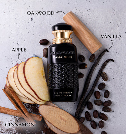 Embarouge Kama Noir Luxury perfume for him with perfume notes mentioned such as apple, cinnamon, vanilla and oakwood.