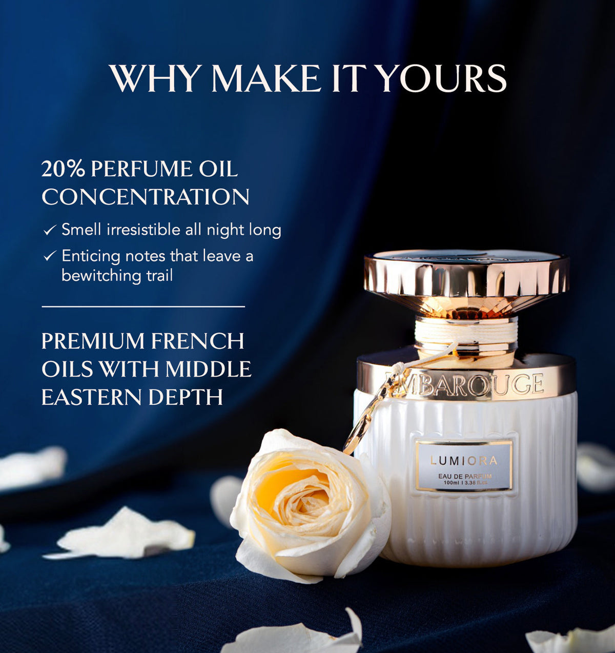 Embarouge Lumiora Luxury perfume for women Eau De Parfum 100ml highlighting the 20% oil concentration for long lasting fragrance