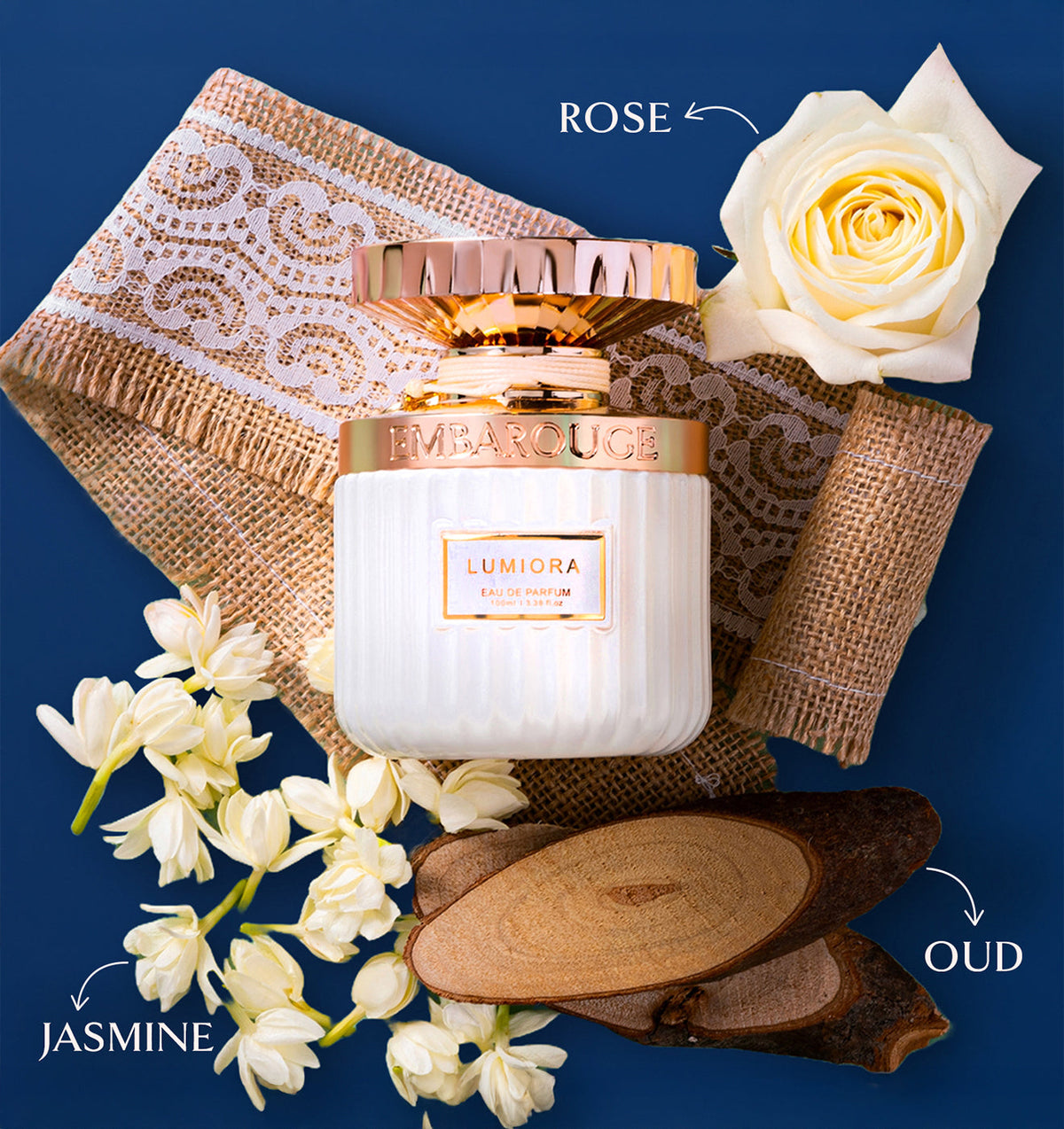 Embarouge Lumiora Luxury perfume for women with perfume notes mentioned such as Rose, Jasmine &amp; Oud