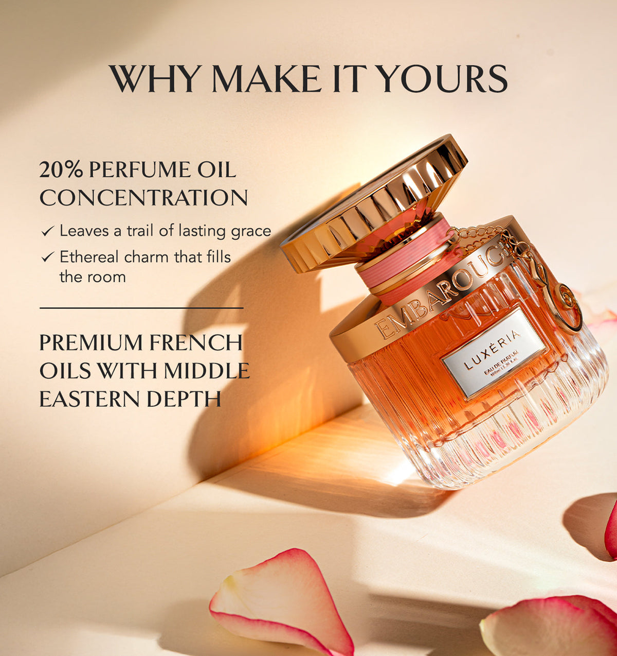 Embarouge Luxeria Luxury perfume for women Eau De Parfum 100ml highlighting the 20% oil concentration for long lasting fragrance