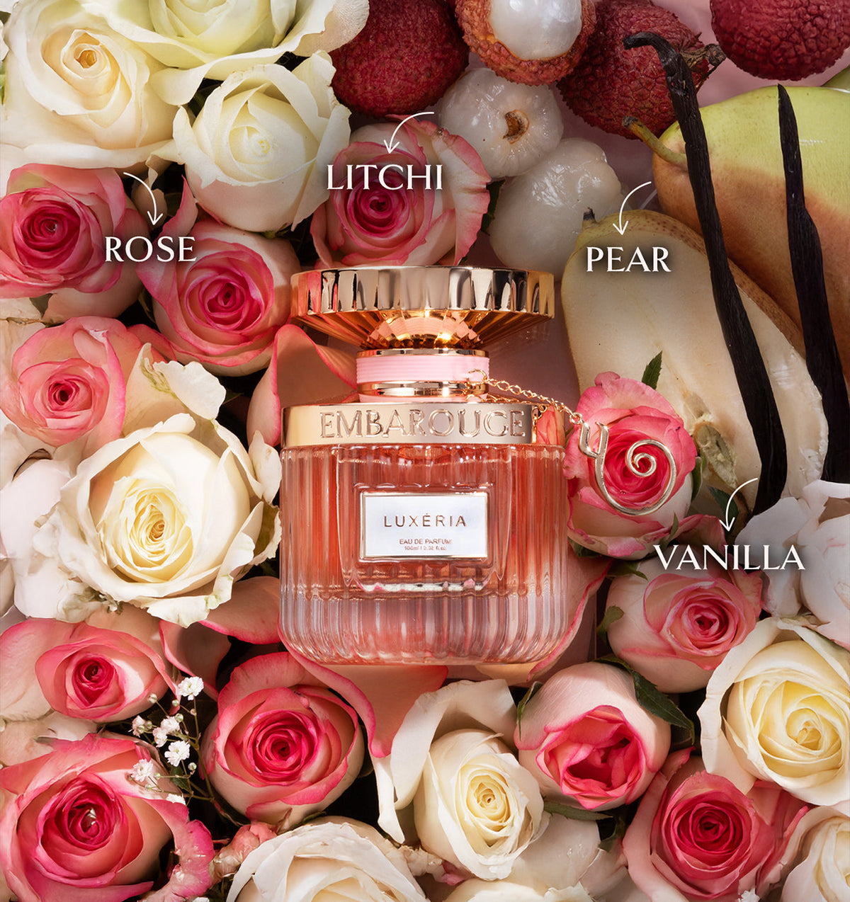 Embarouge Luxeria Luxury perfume for women with perfume notes mentioned such as Rose, Litchi, Pear and Vanilla