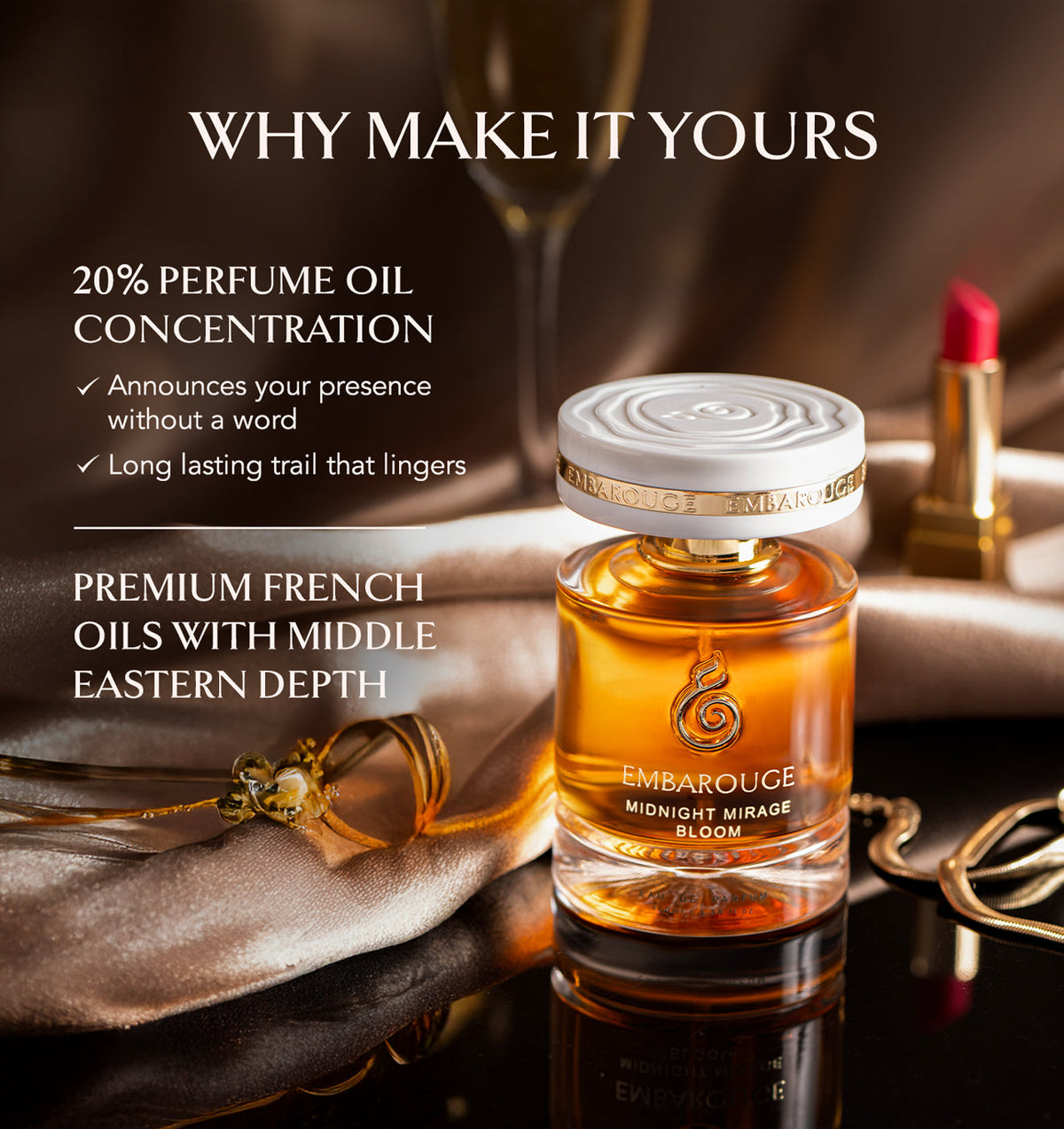 Embarouge Midnight Mirage Bloom Luxury perfume for women Eau De Parfum 100ml highlighting the 20% oil concentration for long lasting fragrance