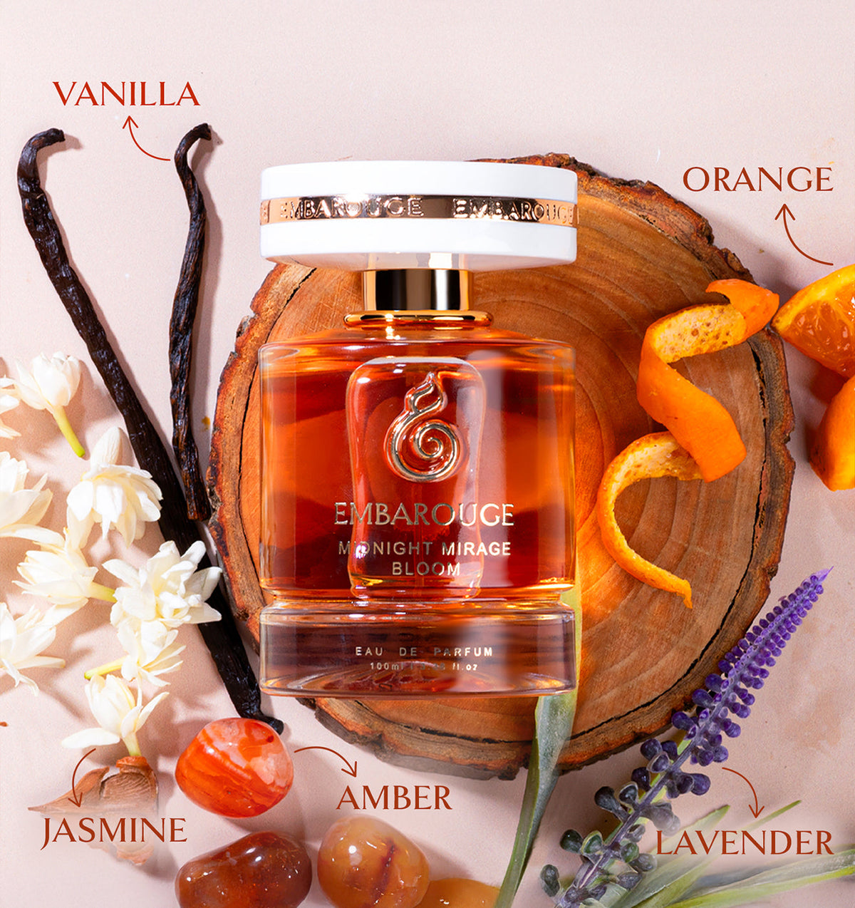 Embarouge Midnight Mirage Bloom Luxury perfume for women with perfume notes mentioned such as Vanilla, orange, lavender, Jasmine &amp; Amber