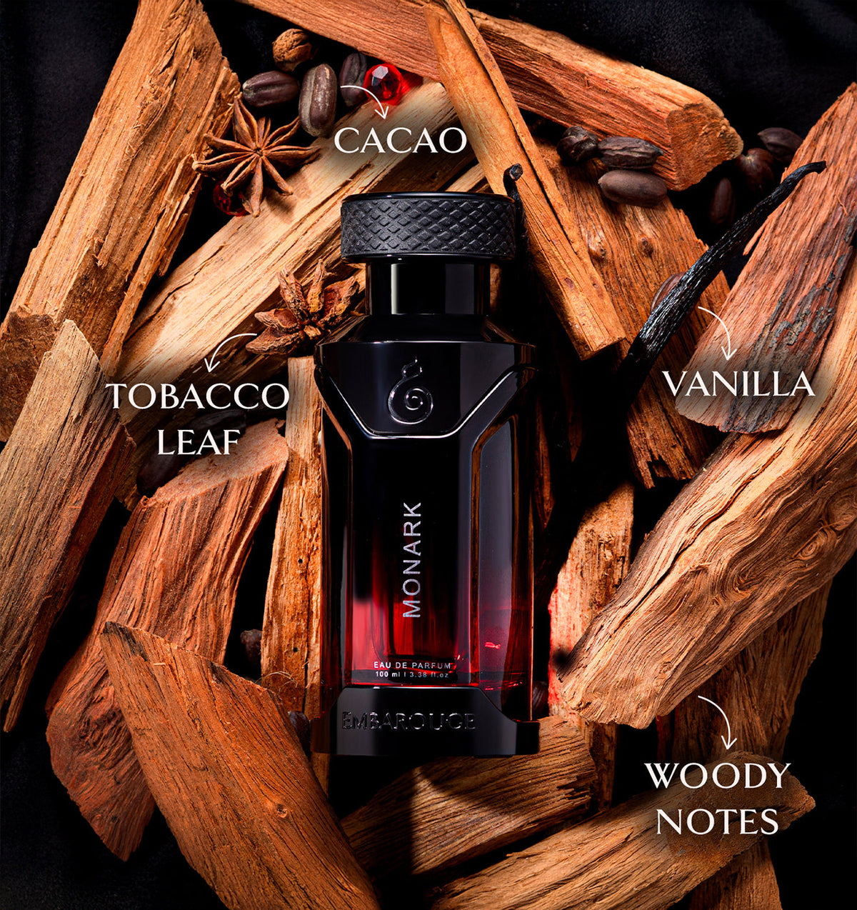 Embarouge Monark Luxury perfume for him with perfume notes mentioned such as  Vanilla, Cacao, Tobacco Leaf and Woody Notes