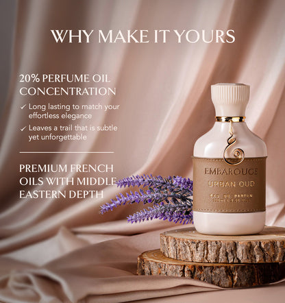 Embarouge Urban Oud Luxury perfume for him Eau De Parfum 100ml highlighting the 20% oil concentration for long lasting fragrance